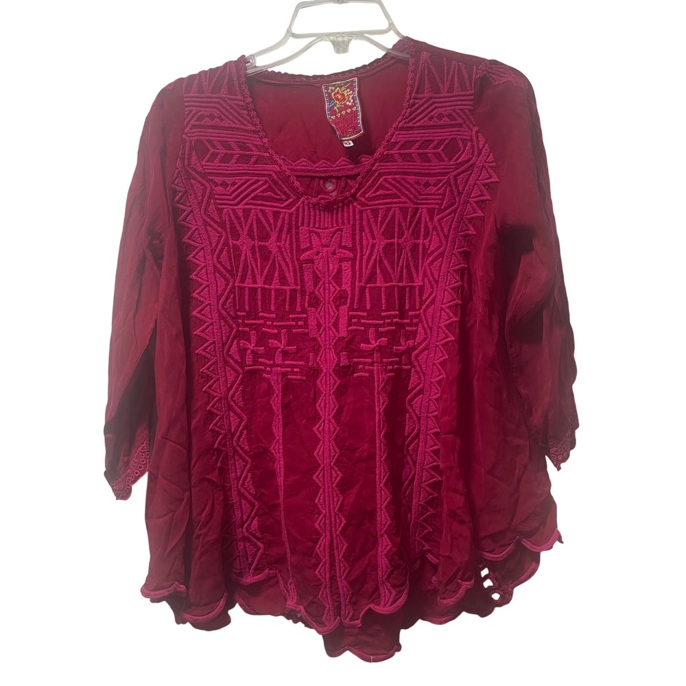 Johnny Was XS Berry Red Embroidered Rayon Peasant Top Boho Peasant Flowy Coastal